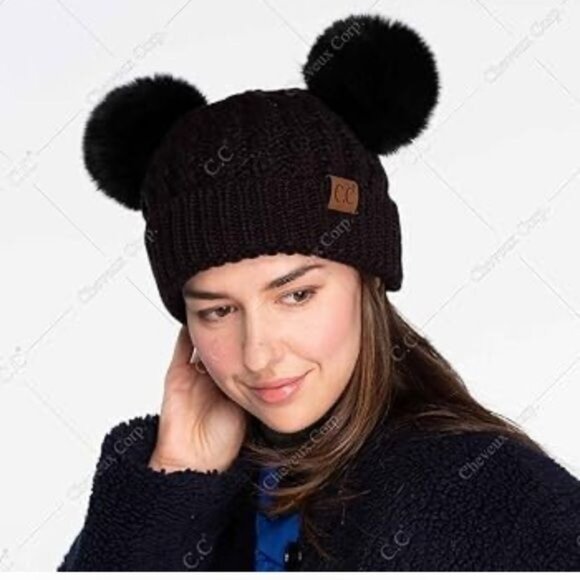 C.C Exclusives Black Knit Beanie With Pom Poms - Picture 1 of 7